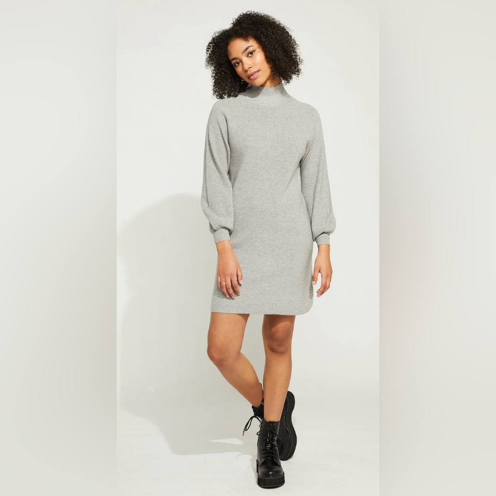 GENTLE FAWN Chloe Dress XS Grey Mockneck Sweater dress with Slight Baloon Sleeve